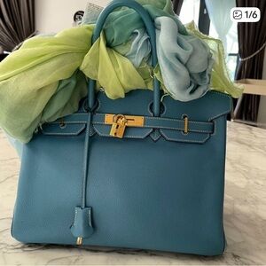 Hermes Teal Leather Satchel with Gold Accents